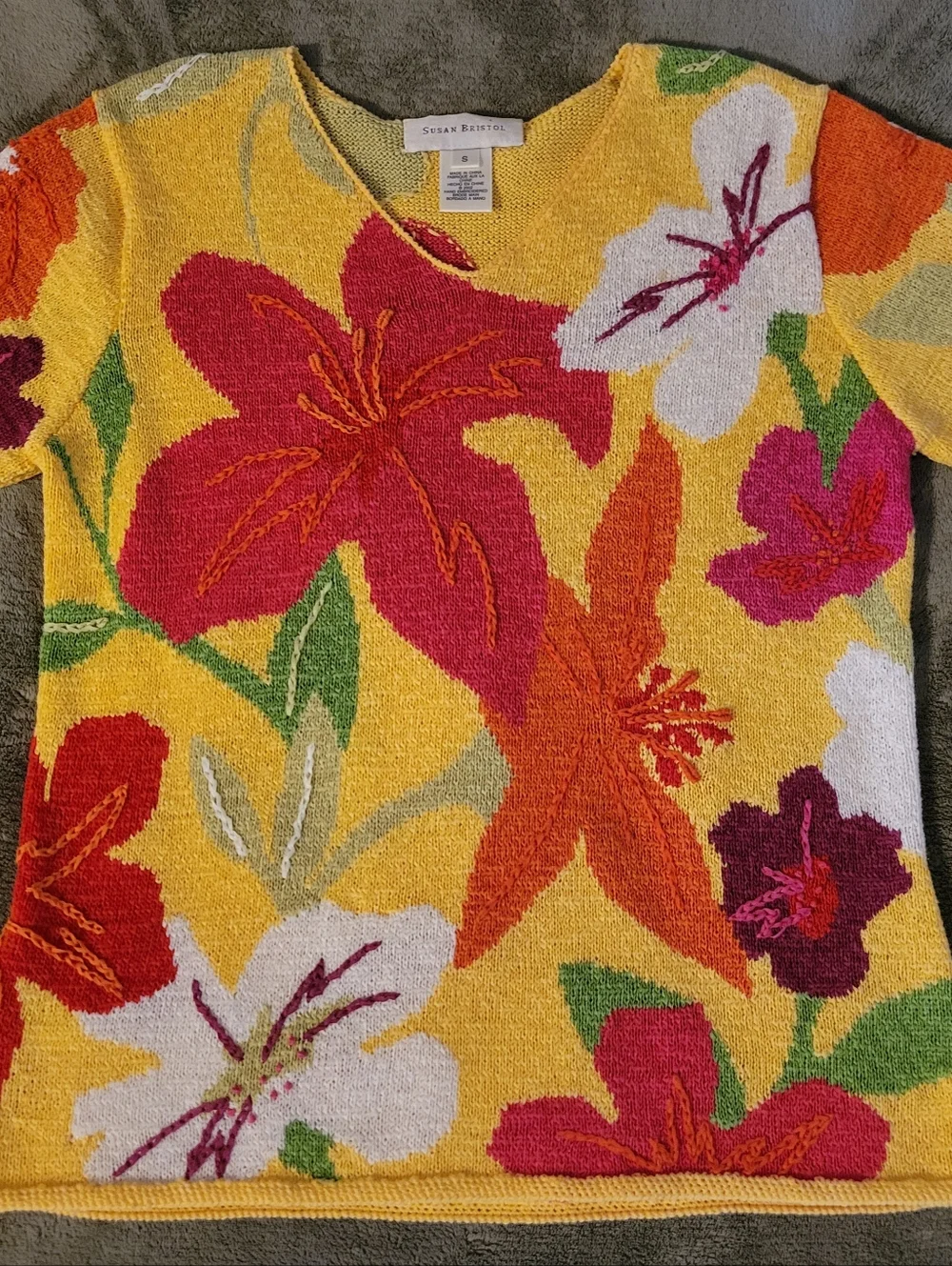 Susan Bristol Yellow Floral Short-Sleeve Crewneck Sweater